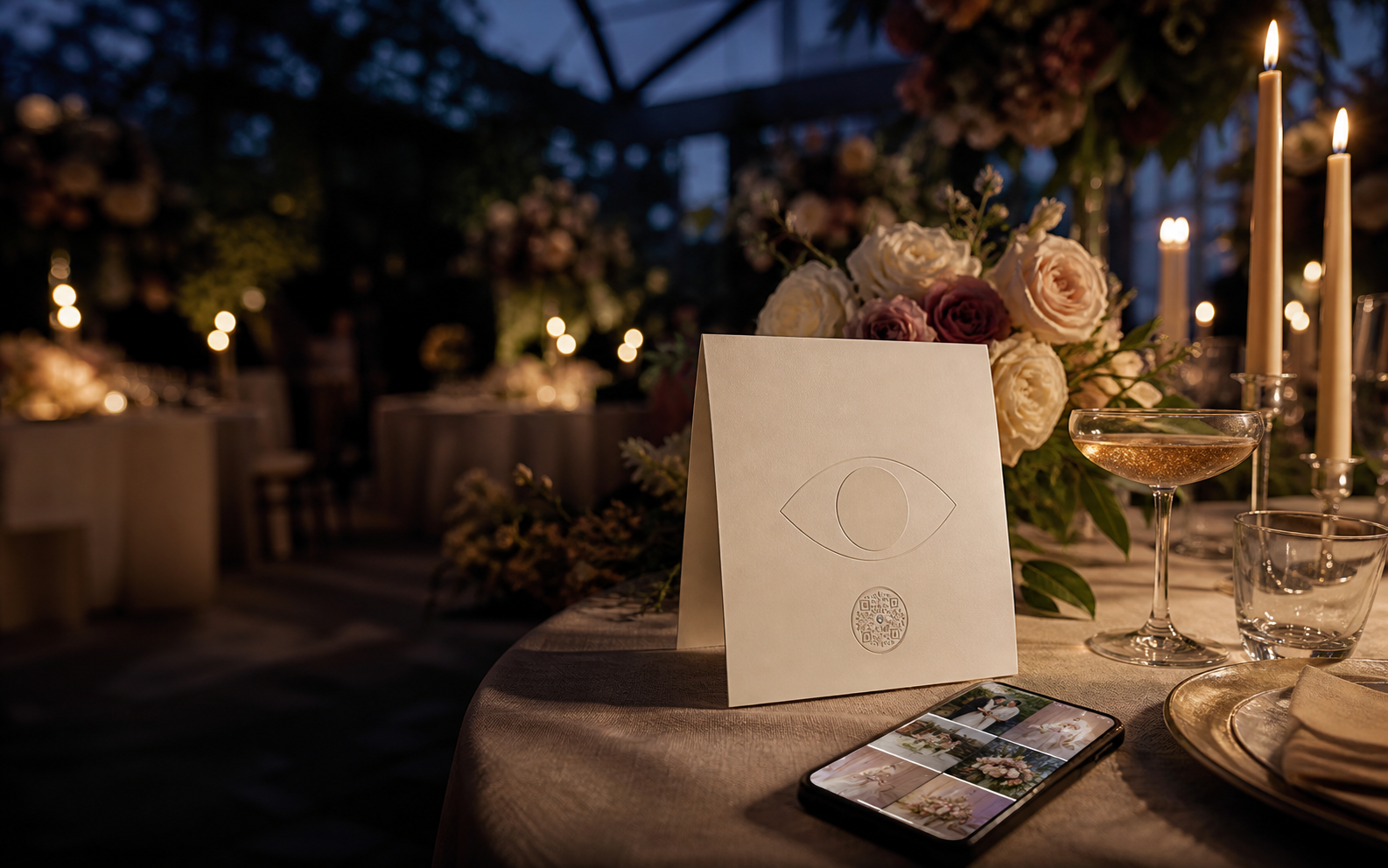 Elegant wedding table set with an interactive EyeLoup place card