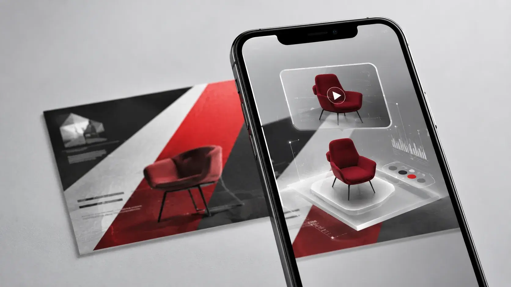 A smartphone held over a printed furniture catalog. On screen, an armchair from the page appears as a rotatable three-dimensional model above colour swatches and a video panel.