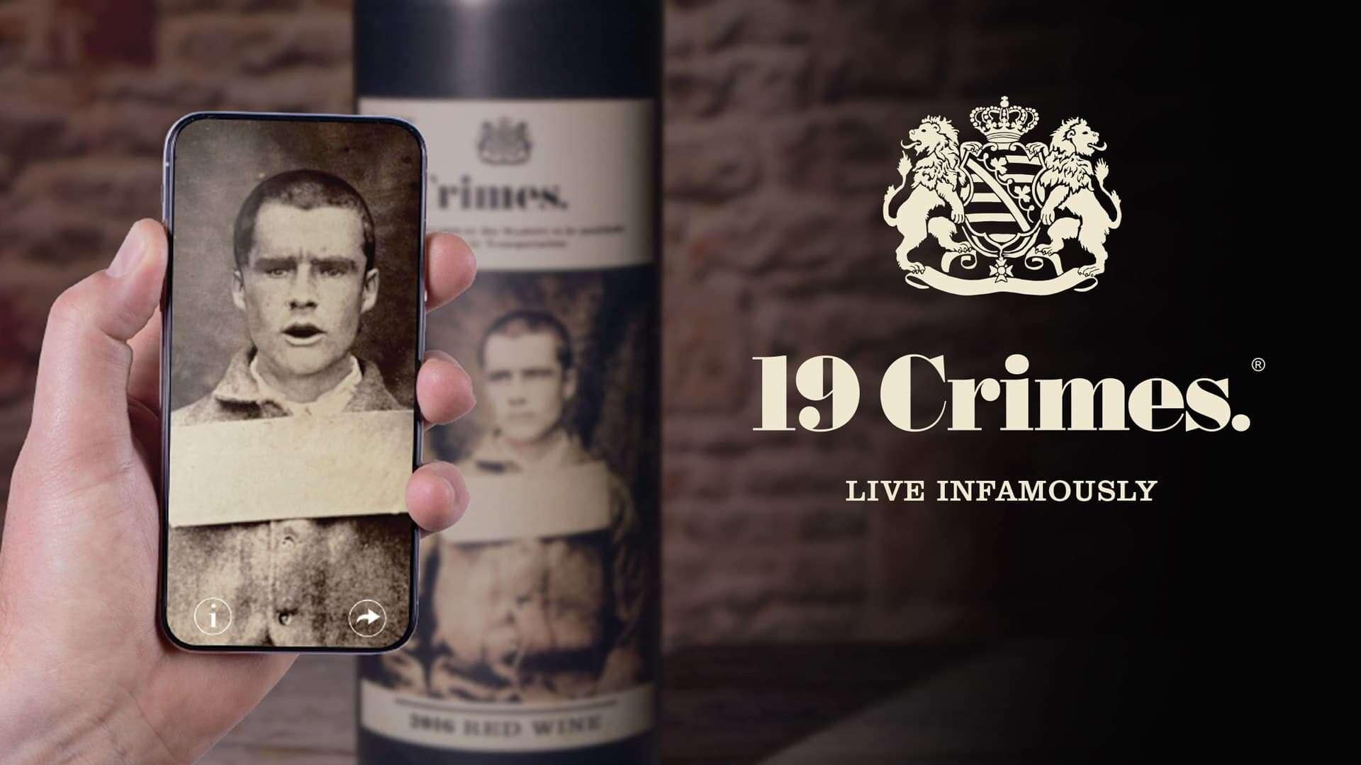 A phone activating the augmented-reality portrait on a 19 Crimes wine label